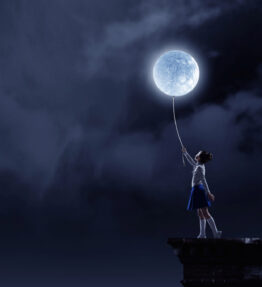 Girl of school age flying moon balloon. Mixed media