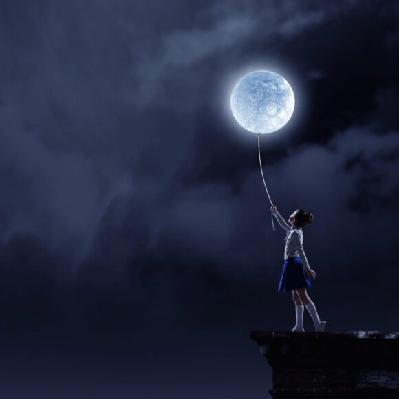 Girl of school age flying moon balloon. Mixed media